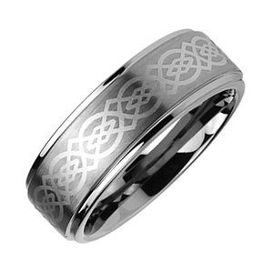 Men's Tungsten Wedding Band 8mm Silver Ring. Irish Celtic Knot Wedding Band Ring